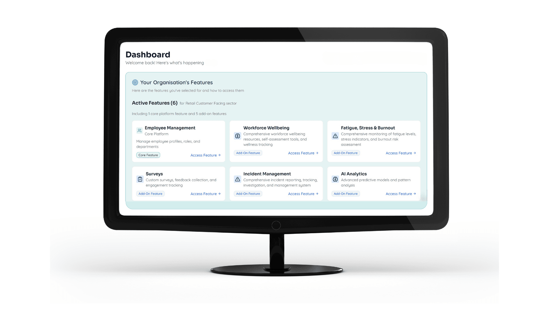Sensacare Business Platform Screenshot - Comprehensive workforce health and safety management dashboard